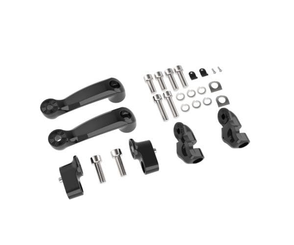 A set of black handles and parts for a bicycle.